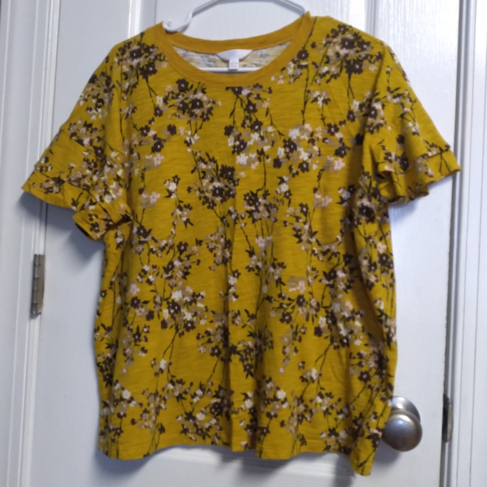 Mustard Yellow Floral Ruffle Sleeve Top Tee L(12-14) Summer Casual Like New